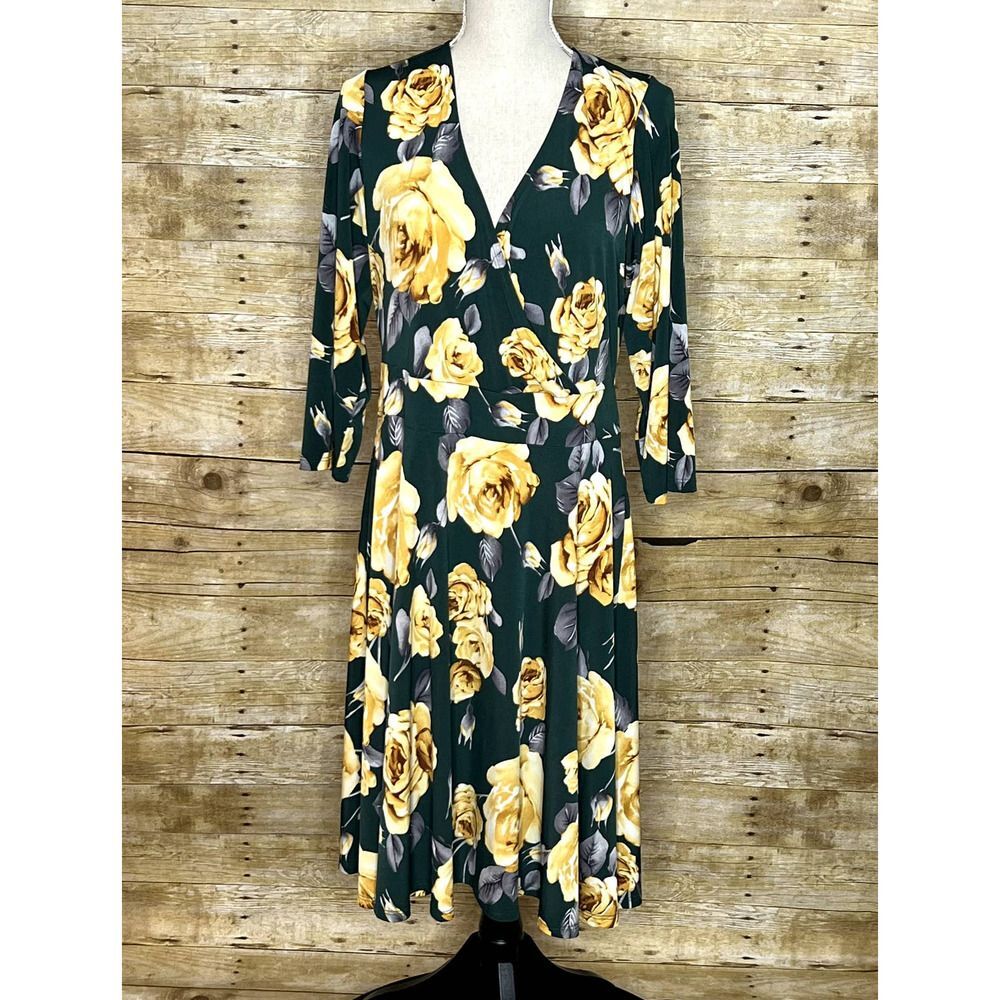 Meri Skye Rose Floral Print Faux Wrap Wedding Guest party Midi Dress Sz. XL